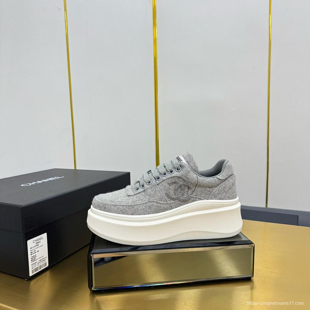 2025 Women Chanel Grey Wool Platform Sneakers