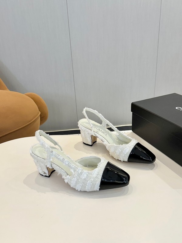 2025 Women Chanel White Black Tweed Patent Leather Slingback LY00240