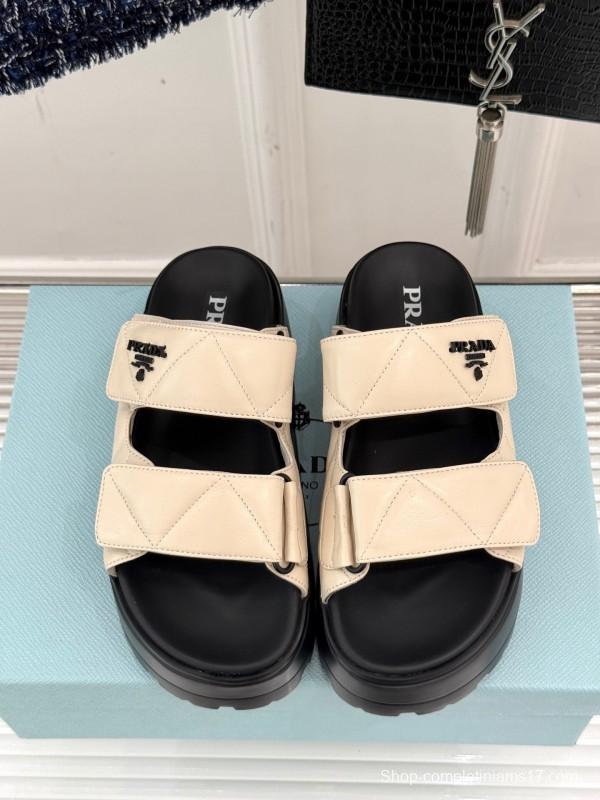 2025 Slippers Prada Beige Leather Magic Tape Platform Thick Sole