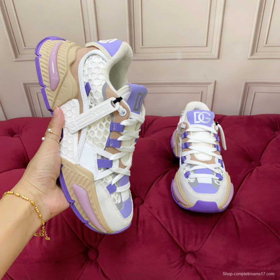 2025 Women Dolce & Gabbana White Purple Beige Mesh Leather Sneakers LY00340