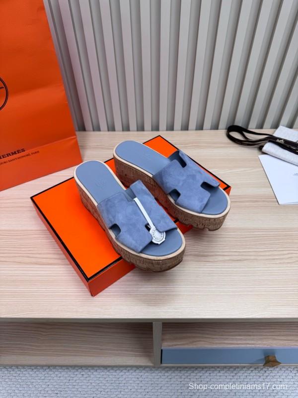2025 Women Hermès Blue Suede Slippers