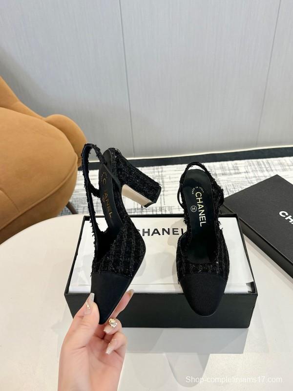 2025 Women Chanel Black Fabric Leather Slingback Heels