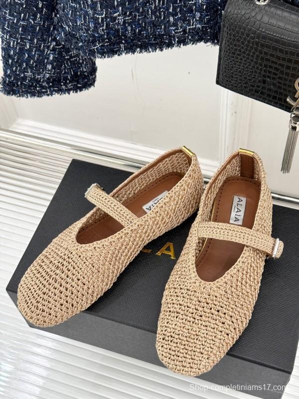 2025 Women AlAIA Beige Woven Leather Mary Jane Shoes
