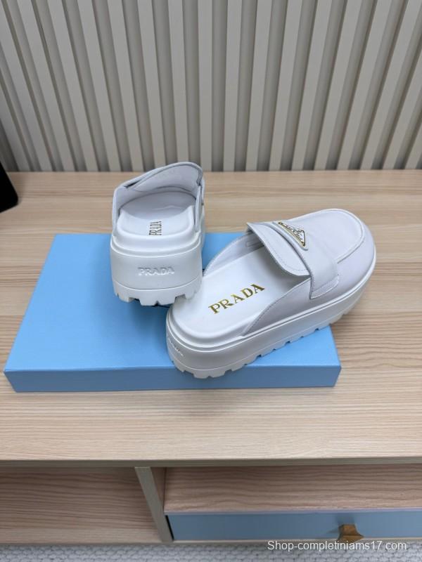 2025 Women Prada White Leather Slippers KFY00280