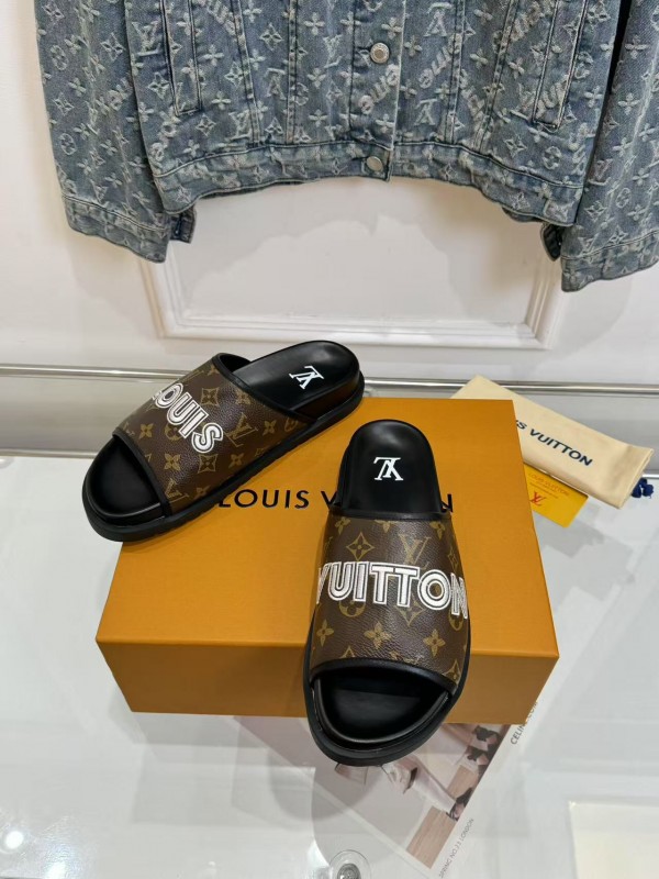 2025 Louis Vuitton Brown Black Leather Slippers LY