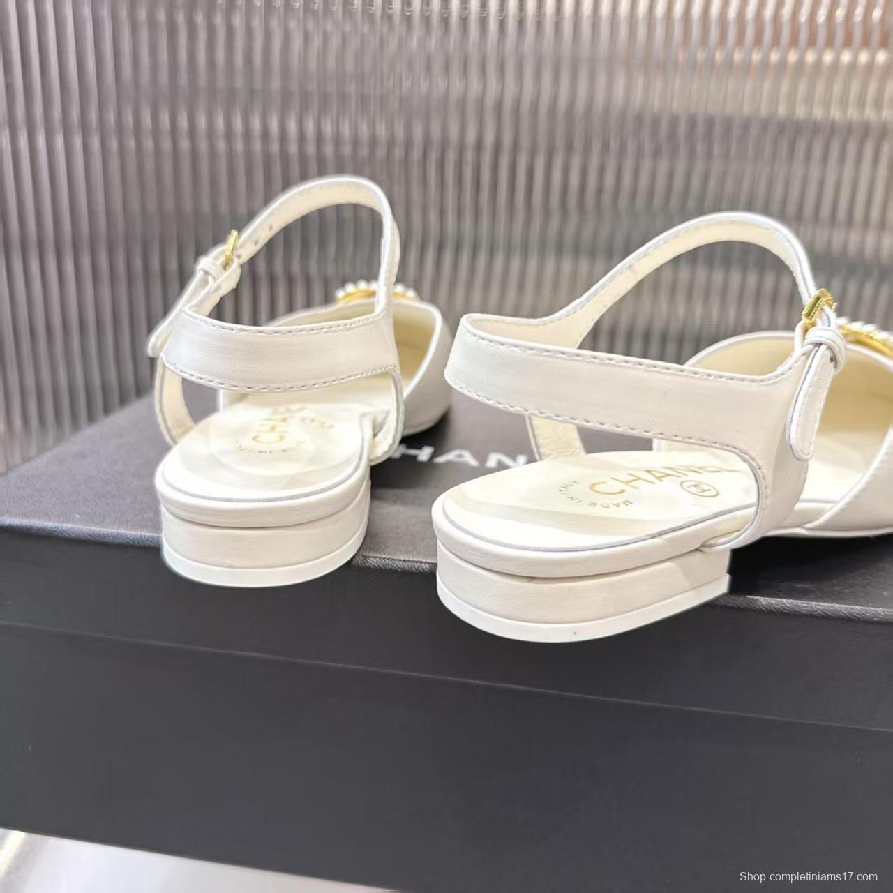 2025 Women Chanel White Black Leather Slingback Flats