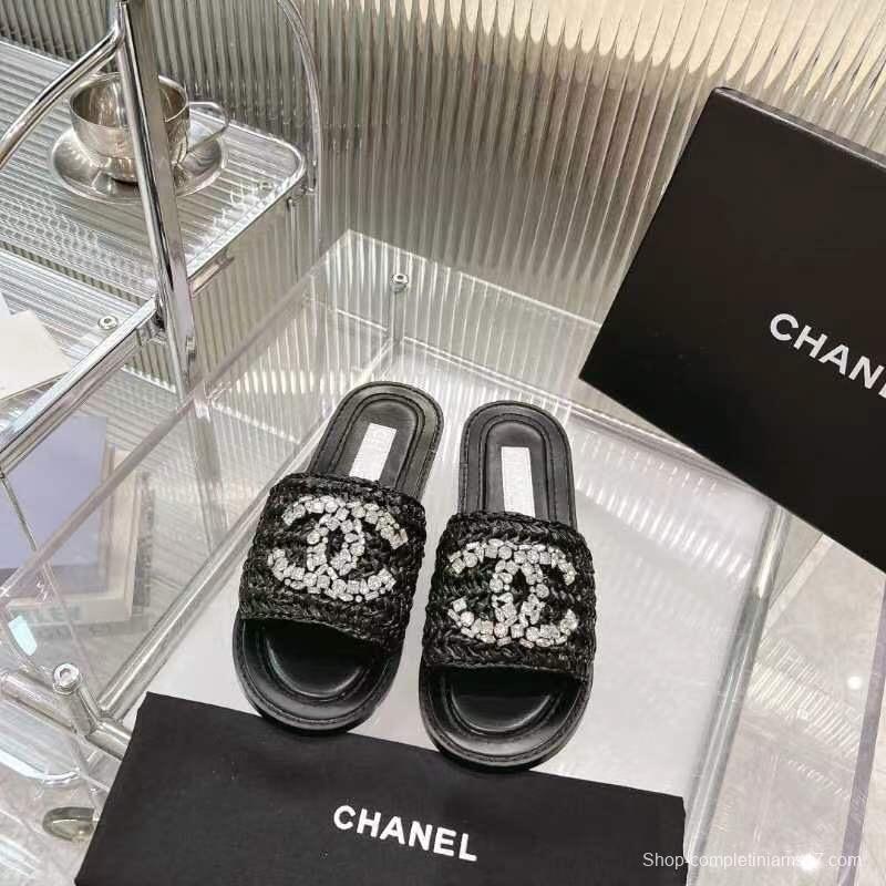 2025 Women Chanel Black Raffia Leather Slippers LY00270