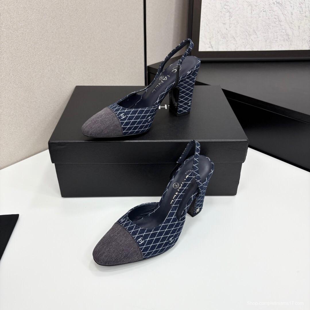 2025 Women Chanel Blue Denim Fabric Slingback Shoes