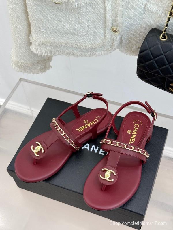 2025 Women Chanel Red Leather Sandals Chain Decoration