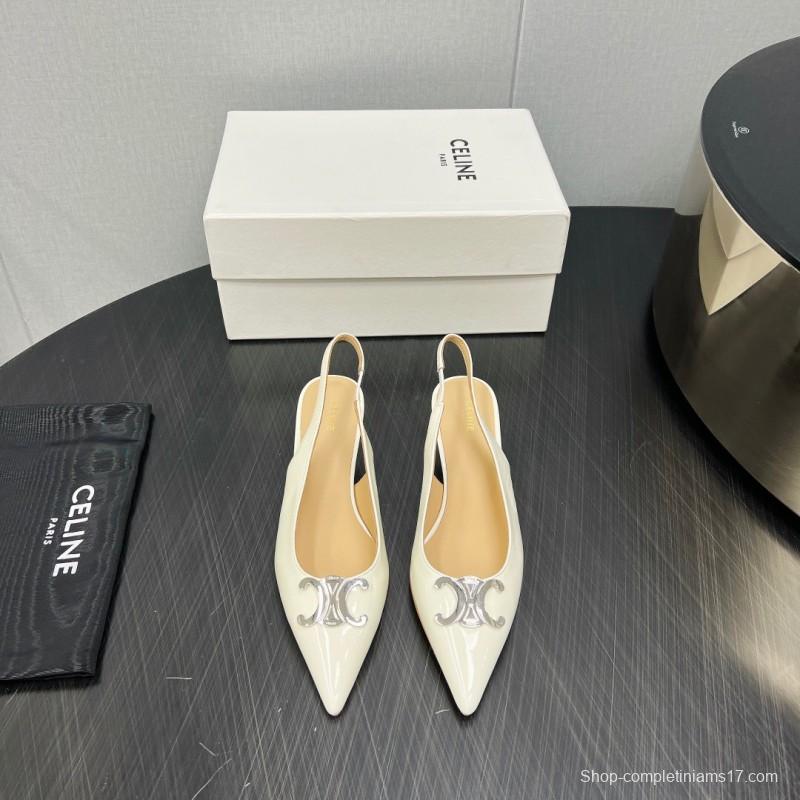 2025 Women Celine White Patent Leather Kitten Heel Pointed Toe Trimed KFY00290