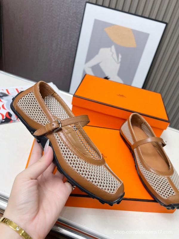 2025 Women Hermès Beige Mesh Leather Mary Jane LY00230