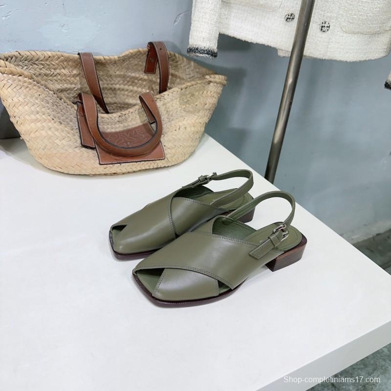 2025 Women Lemaire Green Leather Slingback Sandals KFY00310