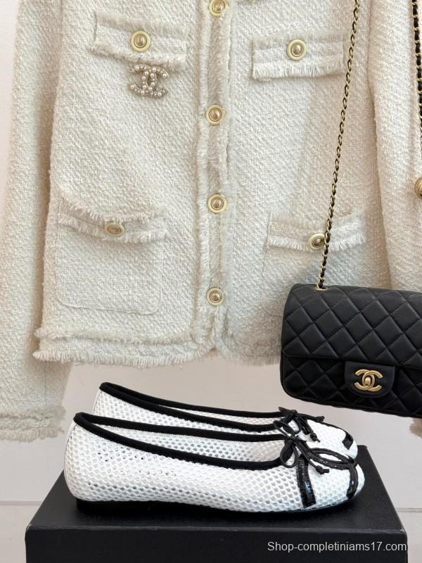 2025 Women Chanel White Black Leather Mesh Ballet Flats KFY00260
