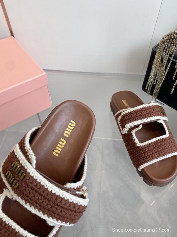 2025 Miu Miu Brown White Crochet Slippers KFY00290