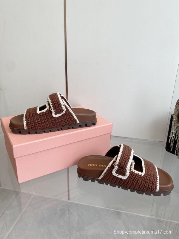 2025 Miu Miu Brown White Crochet Slippers KFY00290