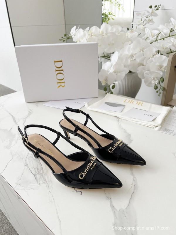 2025 Women Dior Black Patent Leather Slingback Heels KFY00310