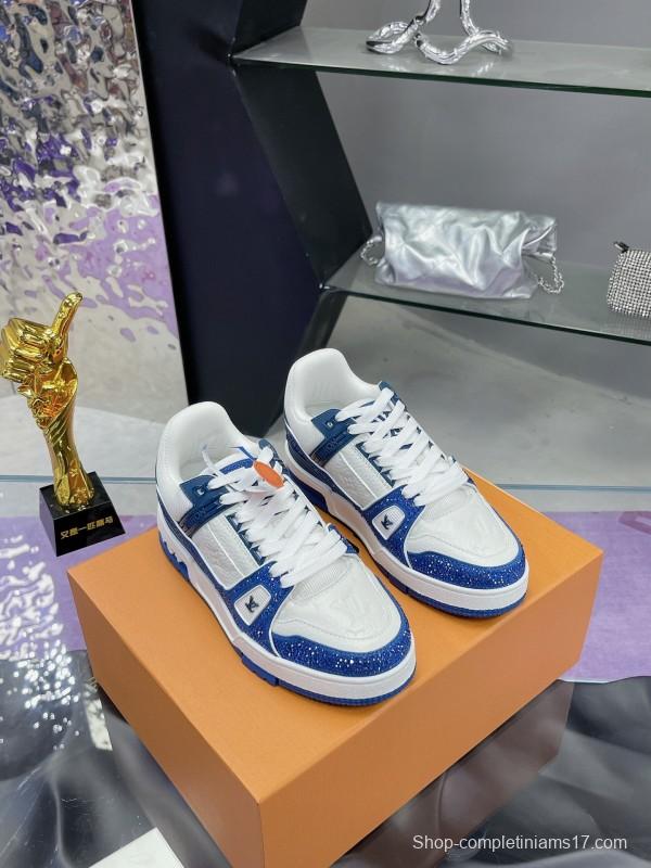 2025 Unisex Louis Vuitton Blue White Leather Plimsolls Handcrafted Beaded AS00400