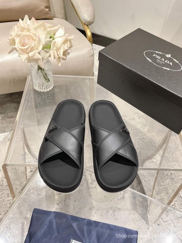 2025 Men Prada Black Leather Sandals KFY00220
