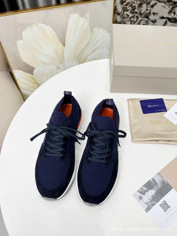 2025 Unisex Santoni Navy Orange Wool Knit Leather Sneakers AS00320