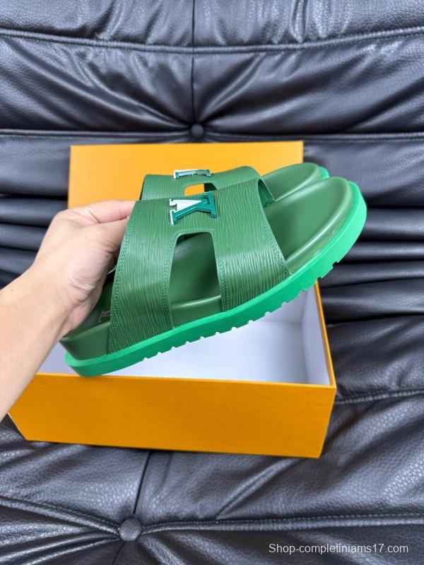 2025 Men Louis Vuitton Green Leather Slippers AS00170