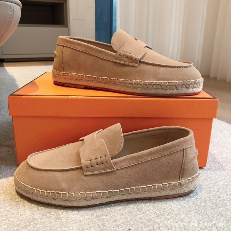 2025 Unisex Hermès Beige Calfskin Suede Loafers AS00380