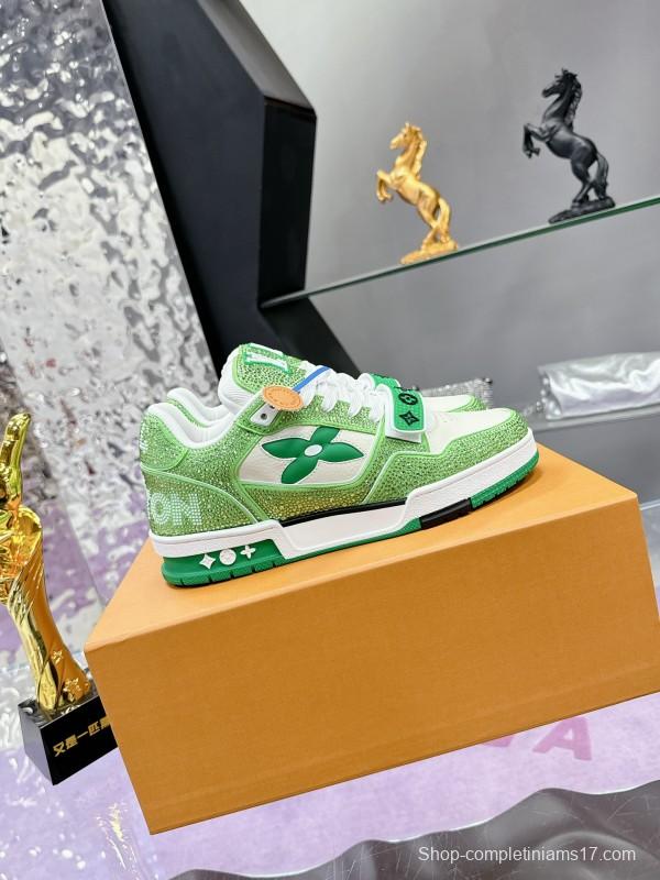 2025 Unisex Louis Vuitton Green White Leather Fabric Plimsolls Handmade Crystal Detailing AS00400