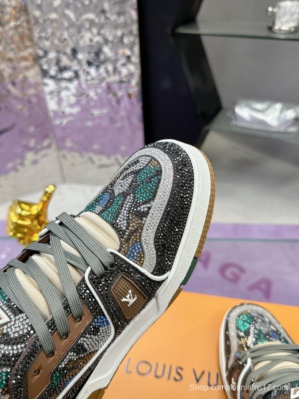 2025 Unisex Louis Vuitton Blue Grey Black Leather Fabric Sneakers Handcrafted Crystals AS00400