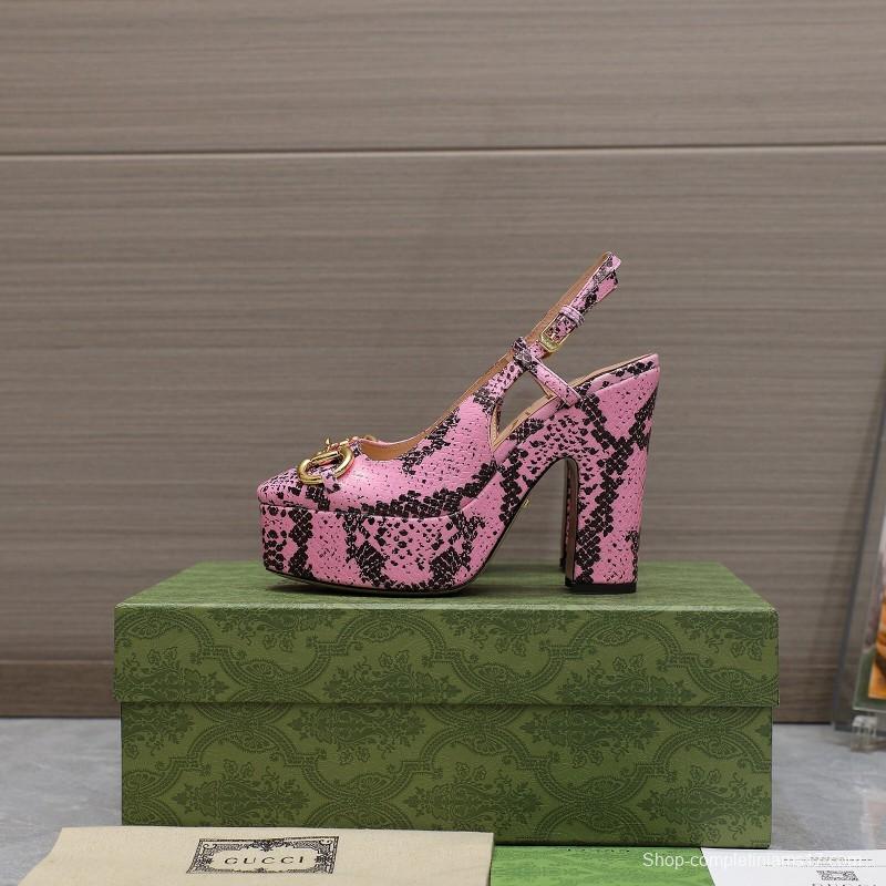 2025 Women Gucci Pink Black Leather Platform High Heels KFY00320