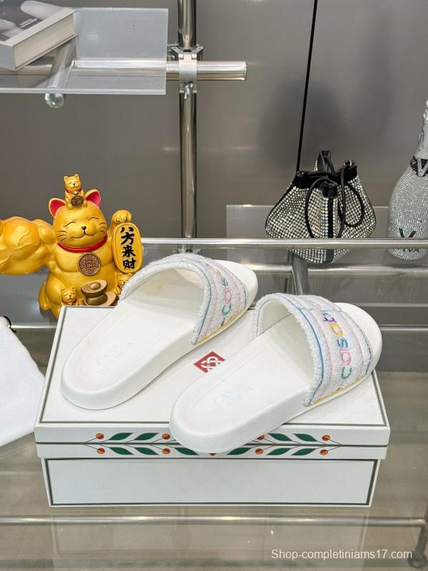 2025 Unisex CASA BLANCA White Fabric Slippers Embroidery KFY00160