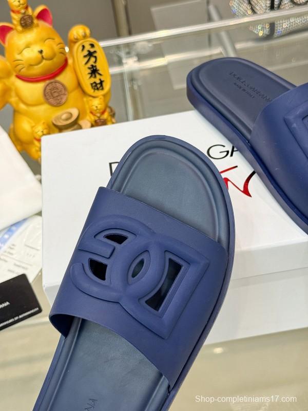 2025 Men Dolce & Gabbana Blue Leather Slippers KFY00150