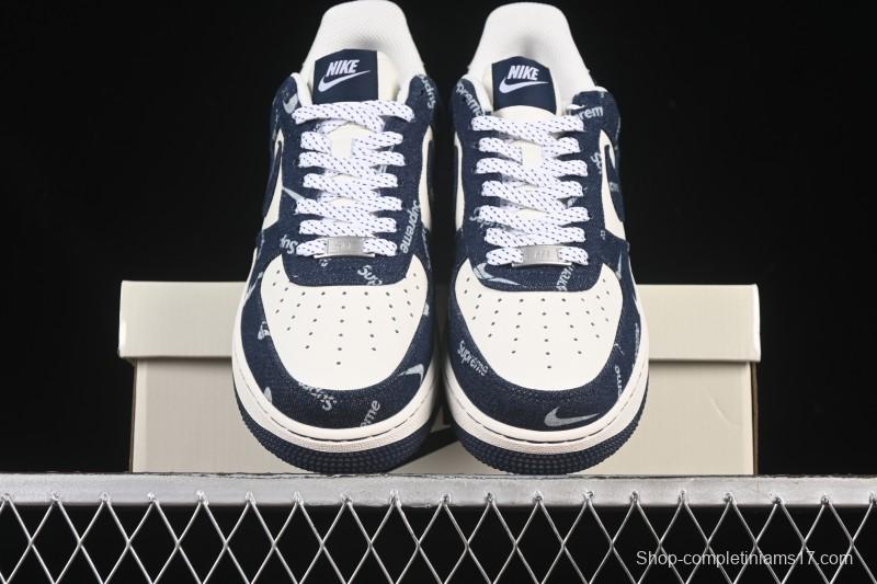 Nike Air Force 1 '07 Low Supreme Collaboration Blue Denim White Swoosh Casual Sneakers - LW9279-005