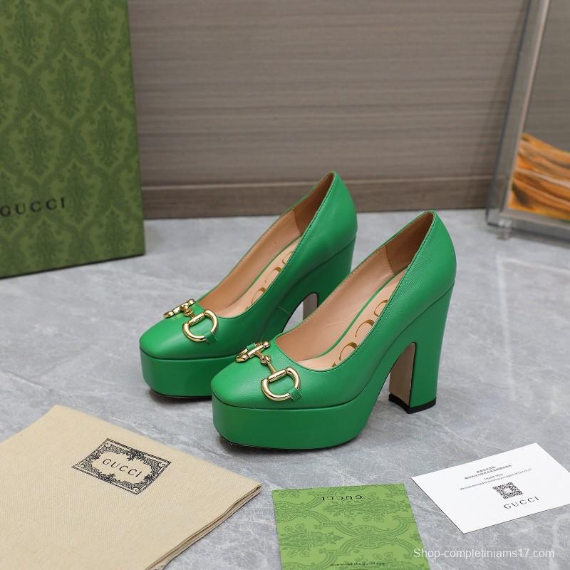 2025 Women Gucci Green Leather Platform Pumps KFY00320