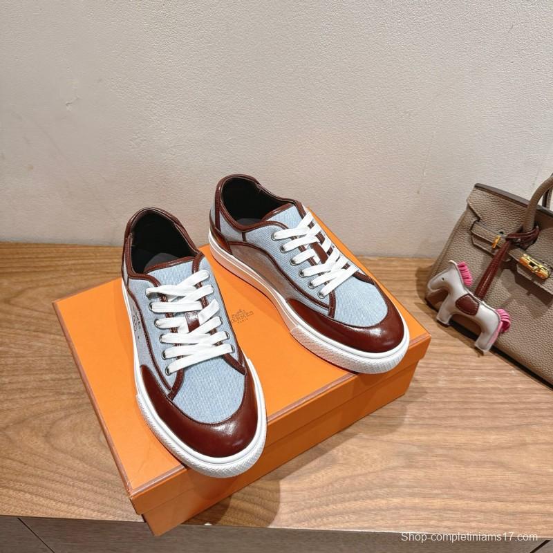2025 Unisex H Brown Blue Leather Knit Sneakers AS00380