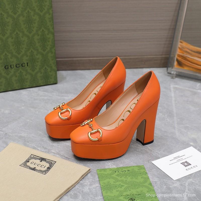 2025 Women Gucci Orange Leather Platform Pumps KFY00320