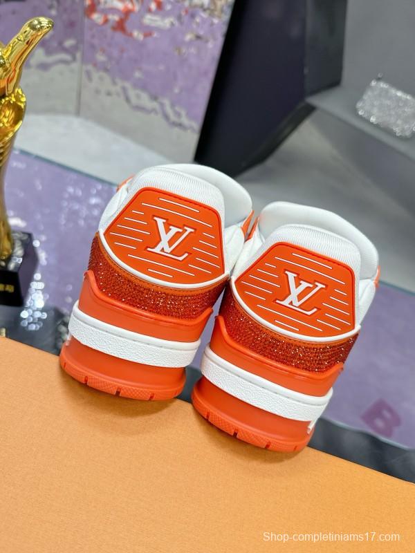 2025 Unisex Louis Vuitton Orange White Leather Plimsolls Handcrafted Rhinestones AS00400