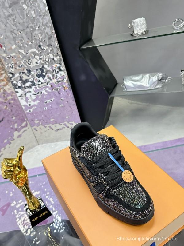 2025 Unisex Louis Vuitton Black Handmade Rhinestone Leather Fabric Plimsolls LV Trainer AS00400