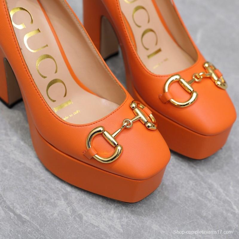 2025 Women Gucci Orange Leather Platform Pumps KFY00320