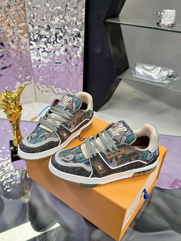 2025 Unisex Louis Vuitton Blue Grey Black Leather Fabric Sneakers Handcrafted Crystals AS00400