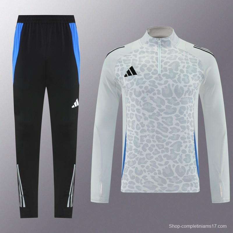 2025 Adidas Light Grey & Black with Leopard Print Pattern Half Zipper Jacket +Long Pants