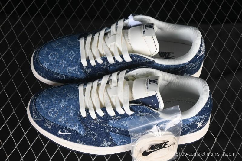 Nike Travis Scott x Fragment Design x Air Jordan 1 Low OG SP AJ1 Low-top Casual Sneakers with Washed Denim Blue Print - XD0798-312
