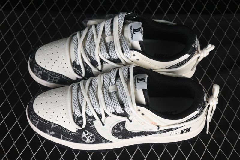 Nike SB Dunk Low LV Collaboration Black Floral Drawstring Anniversary High-End Custom Low-Top Casual Skate Shoes - YX5066-385