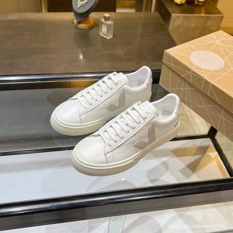 VEJA Classic White Sneakers V Logo Lace-Up Retro Flat Platform Casual Sports Shoes - LY00220