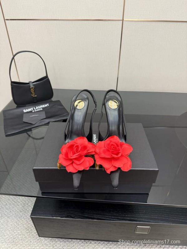 Saint Laurent 2025 SS Rose Thorn High Heels with Sculptural Gold Heel - KFY00320