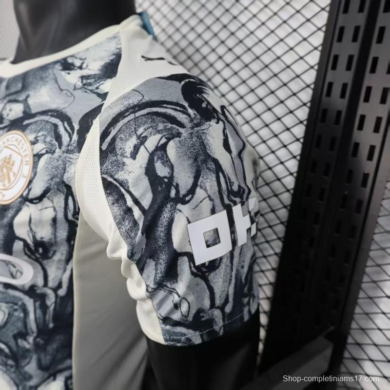 25/26 Player Version Manchester City White with Black Marble Abstract Art Pattern Jersey
