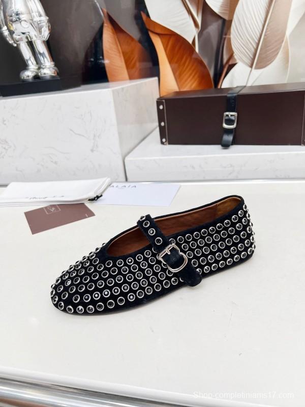 Alaia 2025/SS Crystal-Studded Ballet Dance Shoes with Inner Cushioning and 0.8CM Height Increase - LY00340