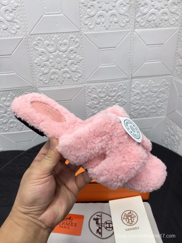H Eiderdown Teddy Wool H Slippers Flat Sole Winter Home Shoes - LY00240