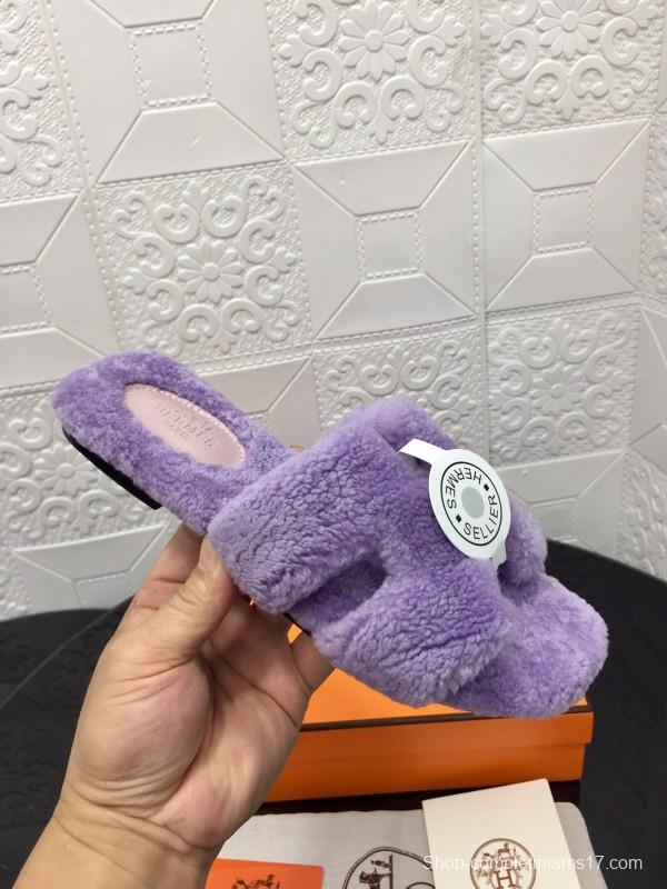 H Eiderdown Teddy Wool H Slippers Flat Sole Fur Slides - LY00240