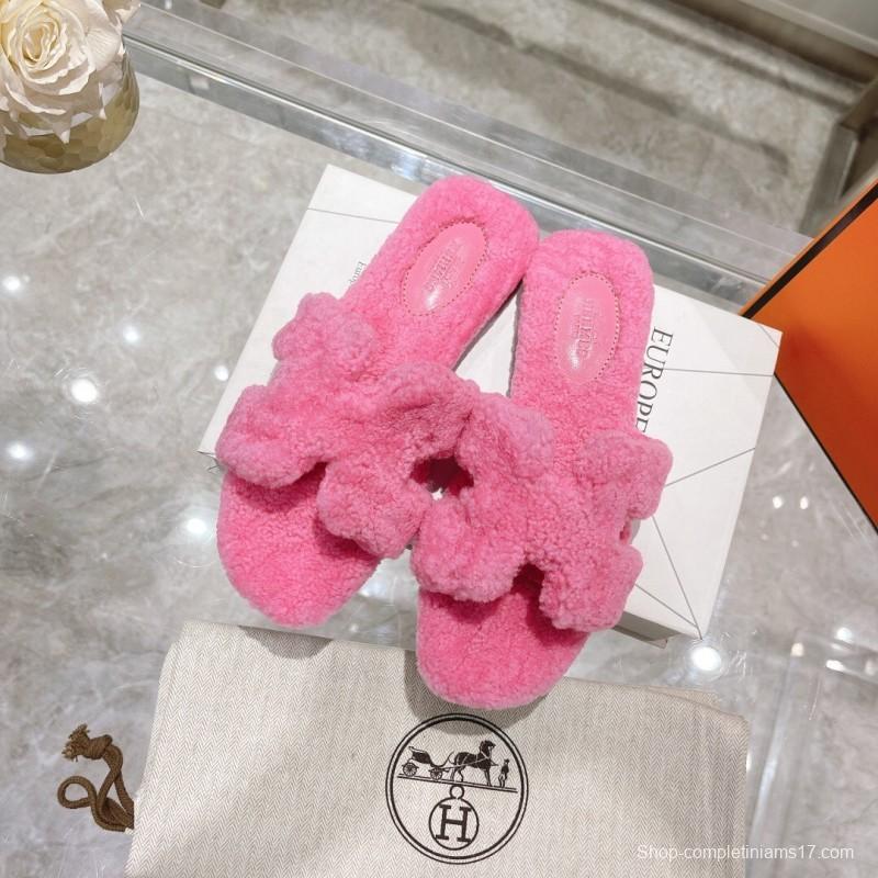H Teddy Wool H Slippers Flat Sole Autumn Winter - LY00240