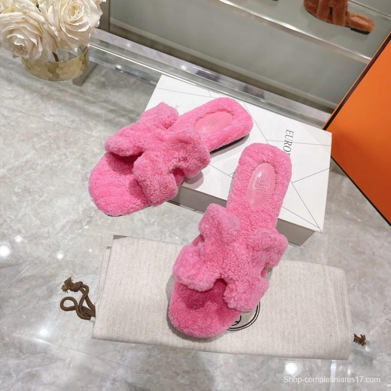 H Teddy Wool H Slippers Flat Sole Autumn Winter - LY00240