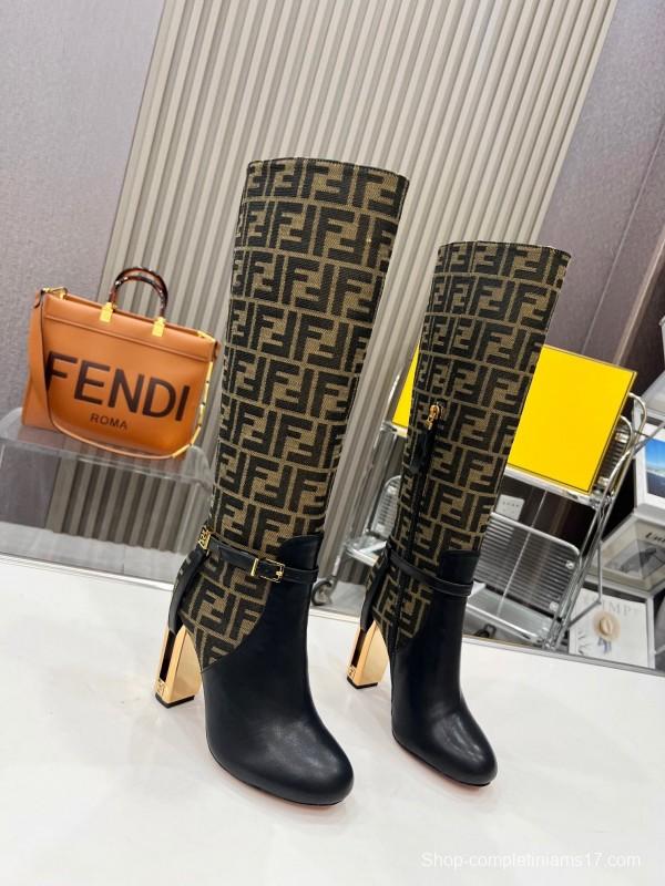 FENDI Delfina Round Toe Boots with FF Buckle and Heel Detail - LY00